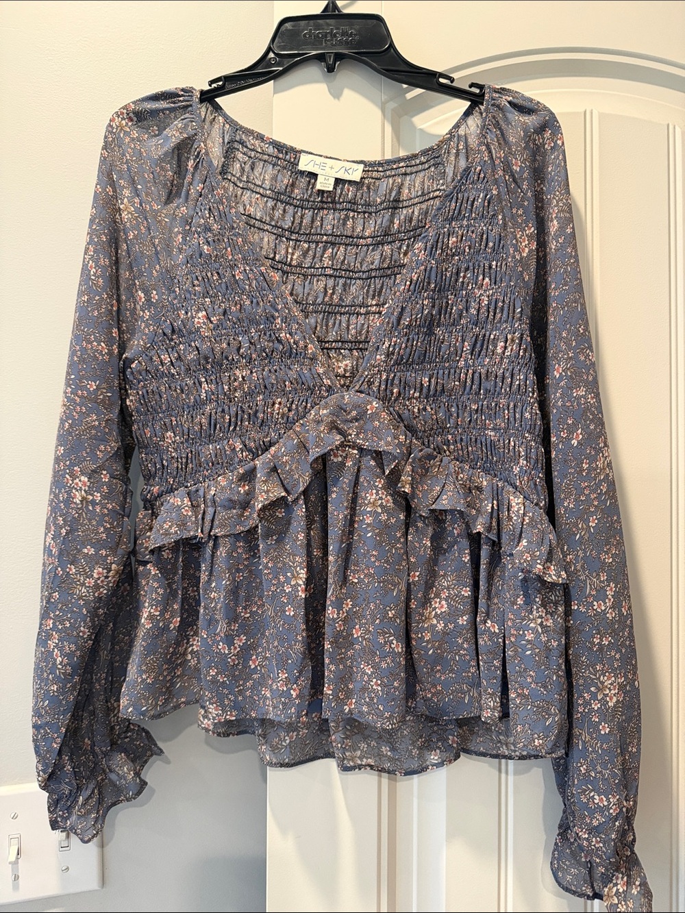 She + Sky Blue Floral Smocked Ruffle V-Neck Blouse